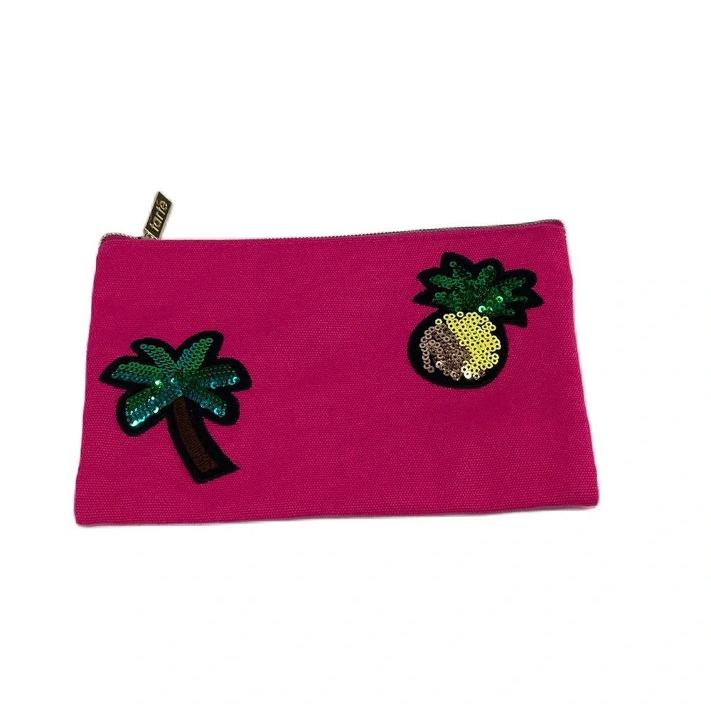 NWOT Tarte Pineapple Palm Tree Cosmetic Bag with bush scrubber and lipstick tray